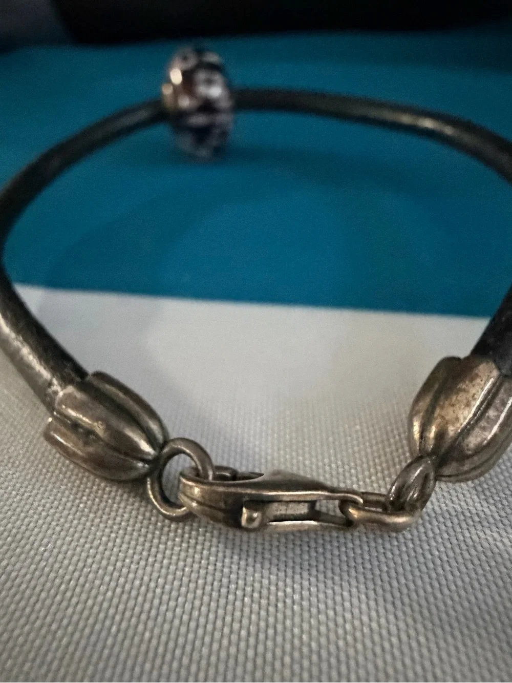 Pandora Black Leather Bracelet with Black & White Floral Glass Bead